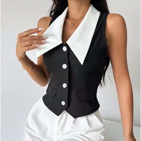 Classic Elegant Polka Dot Button Down Vest Office Work Top Black White - Picture 6 of 10
